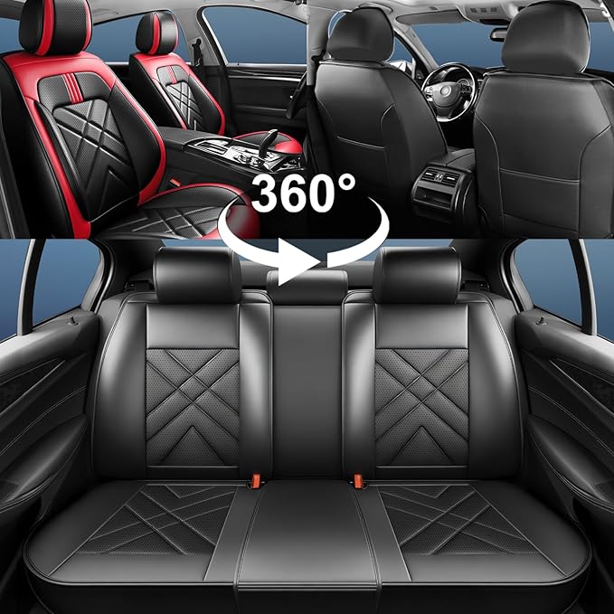 Car Seat Covers Fit for Mazda 3 2007-2025 2026, Premium Leather, Full Coverage Leather Waterproof Breathable Seat Cover, Automotive Seat Protectors, Airbag Compatible(Full Set Seats, Black Red)
