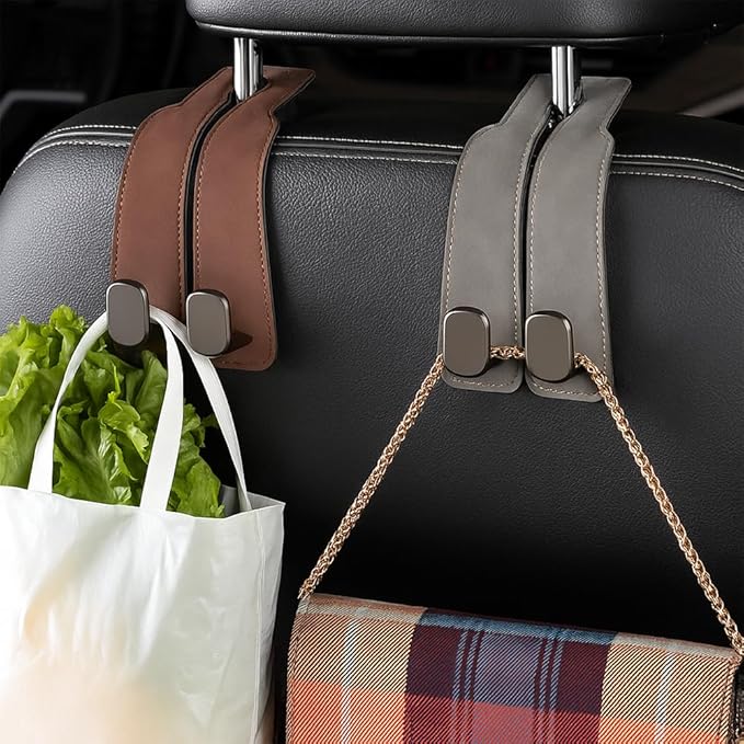 Car Seat Back Storage Hook, 2026 New Two Hook Fur Leather Seat Back Headrest Hanger Genuine Leather Double Metal Hook for Backseat Organizer, Car Organization Accessories (4, Gray)