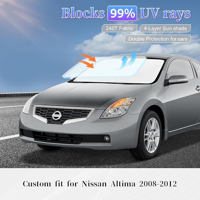 Sun Shade Sunshade for Nissan Altima Windshield Cover, 4-Layer Front Window Shade Custom fit Altima 2008-2012 Sun Visor 240T Retractable Shade Shield Blocks UV Rays Cooler Car Accessories