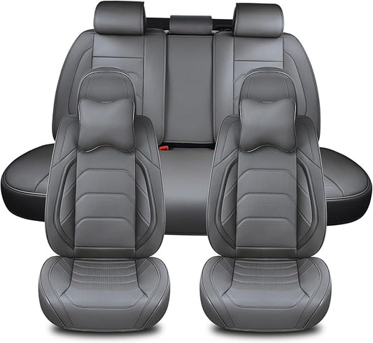 Gray Car Seat Covers Full Set, Breathable Leather Automotive Front and Rear Seat Covers & Headrest for Reduce The Driving Fatigue, Compatible with Most Vehicles, Cars