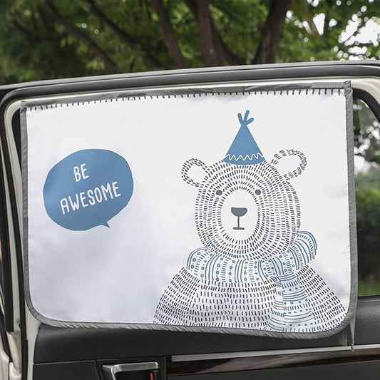 Magnetic Car Sun Shade Curtain for Side Window – Sun Blocker and UV Protector for Baby, Kids, and Pets – Universal Fit with Built-in Magnets for Steel-Framed Door (Be-Awesome Bear)