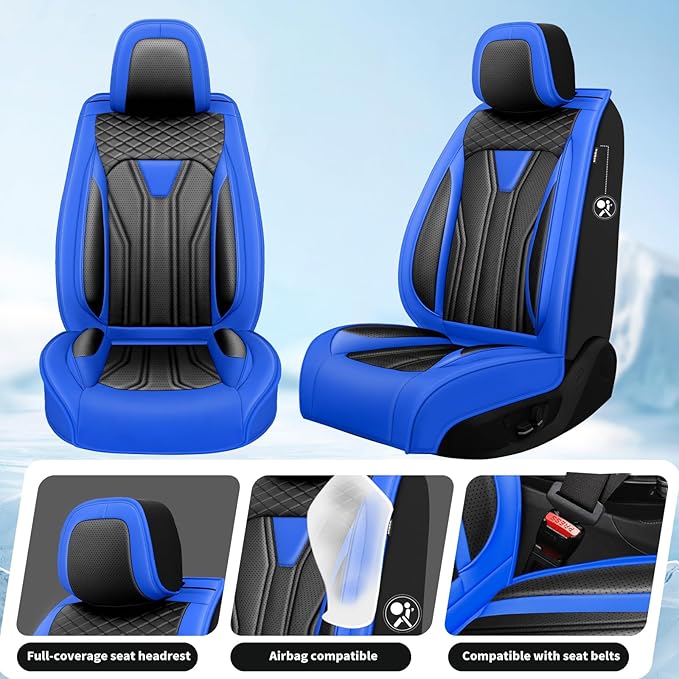 Fit Frontier Car Seat Covers Premium Leather for Nissan Frontier 2009-2025 2026. Waterproof， Breathable, Scratch-Resistant & All-Weather Seat Cushion Protector（Full Set,Blue&Black
