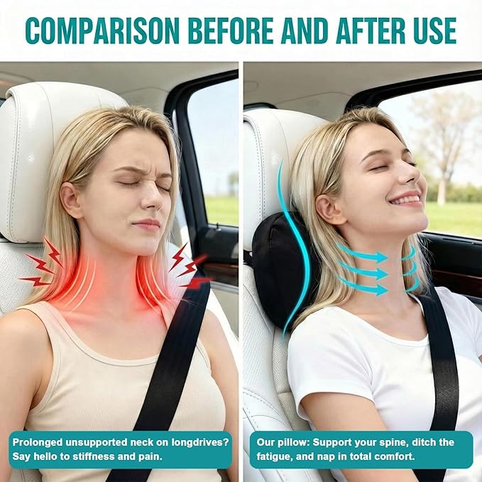 2PCS Car Pillow for Car Neck Pillow for Driving Seat Neck Support Soft Cushion Back Support Head-Rests for Vehicle Sleeping with Elastic Adjustment Strap (Red, Head)
