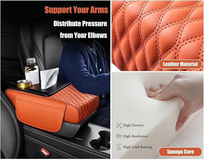 Car Armrest Center Console Cover for Acura MDX 2000–2025, Center Console Pad with Cup Holder, Multifunctional Armrest Cushion,F Orange