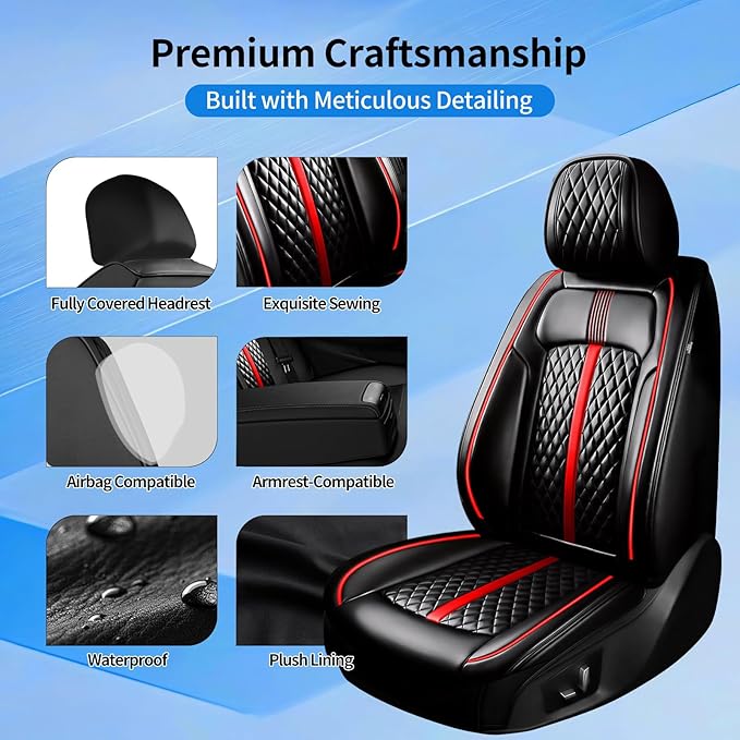 Fit Accord Car Seat Covers (Front Pair) for Select Honda Accord 2012-2026, Luxury Full Coverage Leather, Airbag Compatible, Waterproof & All Weather Seat Cushion Protector, Black with Red Trim