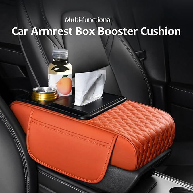 5-in-1 Car Armrest Pad Cushion, Water Ripple Embossed Center Console Booster Pad with Tissue Box, Cup Holder, Storage Bag, Phone Slot, Fit for Most Sedan Vehicles (Water Ripple Series, Pink)