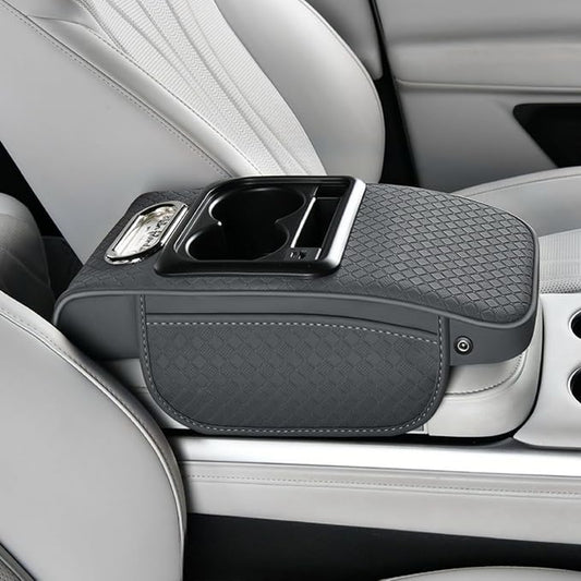 2026 Enhanced Car Center Console Armrest Cushion with USB& Type-C Charging, PU Leather Console Pad with Cup Holders, Storage& Tissue Outlet for Most Vehicles (Sloped Version, Grey)