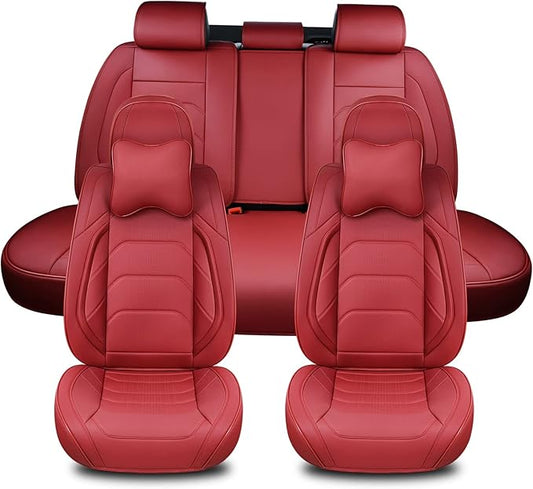 Martha Red Car Seat Covers Full Set, Breathable Leather Automotive Front and Rear Seat Covers & Headrest for Comfortable Driving, Universal Auto Interior Fit for Most Kinds of Vehicles, Cars