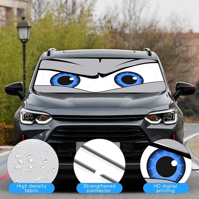 Car Windshield Sun Shade, Funny Eyes Sun Visor, Wear-Resistant Black Tape, Foldable 59‘’x27.5‘’/63''x31.5''