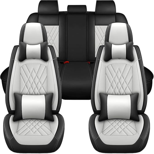 Car Seat Covers Compatible with Toyota Camry 2012-2026 Durable Waterproof Automotive Seat Covers Stretchable Fabric Material,Airbag Compatibility,Nappa Leather(Black White,Full Set with Pillow)