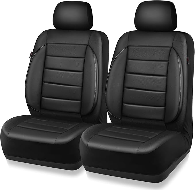 CAR PASS Faux Leather Car Seat Covers Front Seats Only, 3D Foam Support Car Seat Covers, Universal fit for Trucks Vans SUVs Sedans Automotive Comfortable, Airbag Compatible 2 Pieces Front Solid Black