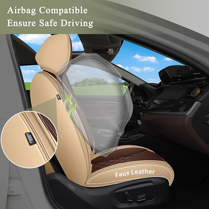 Breathable Car Seat Covers for Subaru Crosstrek 2025 2024 2023 2022 2021 2020 2019 2018 2017 2016, Perforated Leather Full Set 5 Seats, for Subaru Crosstrek Accessories (Beige&Brown)