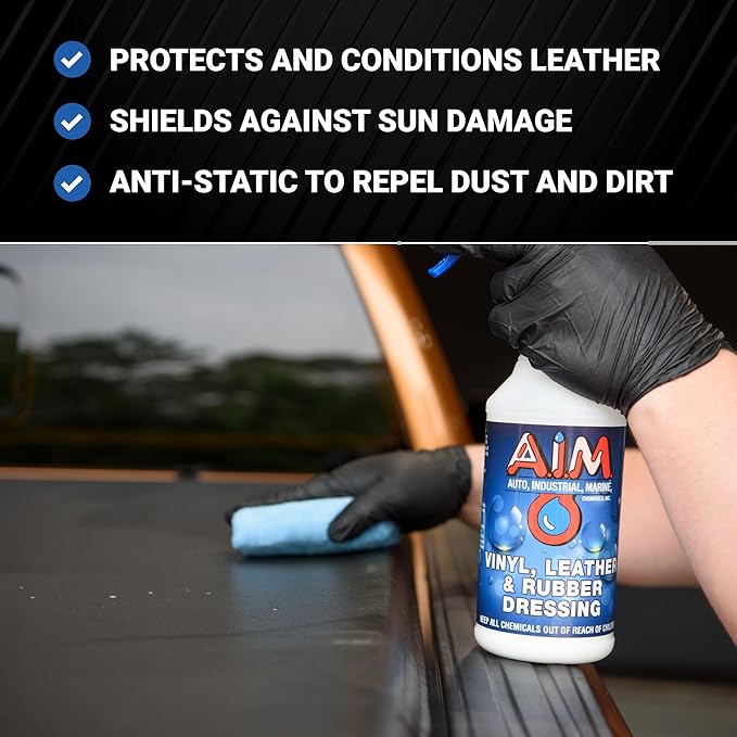 AIM Chemicals Vinyl Leather Rubber Multi-Purpose Dressing -Effective UV Protection -Leather Cleaner & Conditioner -Suitable for Interiors, Exteriors, Engines -Anti-Static -Water-Based for Cars, Quart