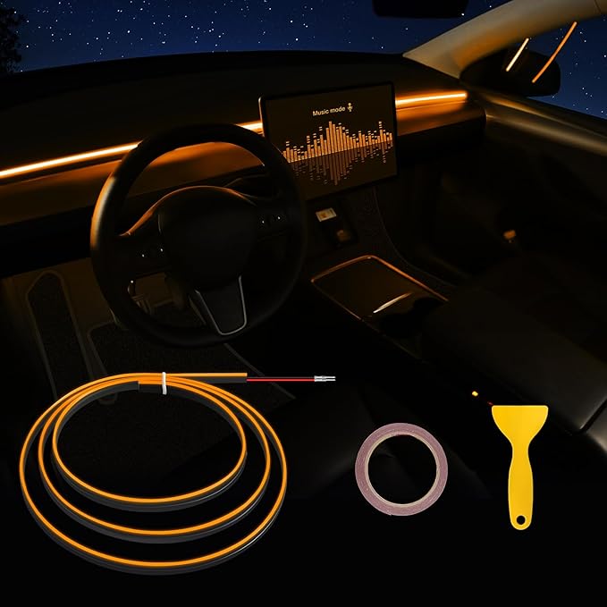 Acrylic Interior Car LED Strip Light with 6mm Sewing Edge - 43.3 inches Ambient Lighting Kits, Neon LED Strip Light(110CM/43.3IN, Orange)