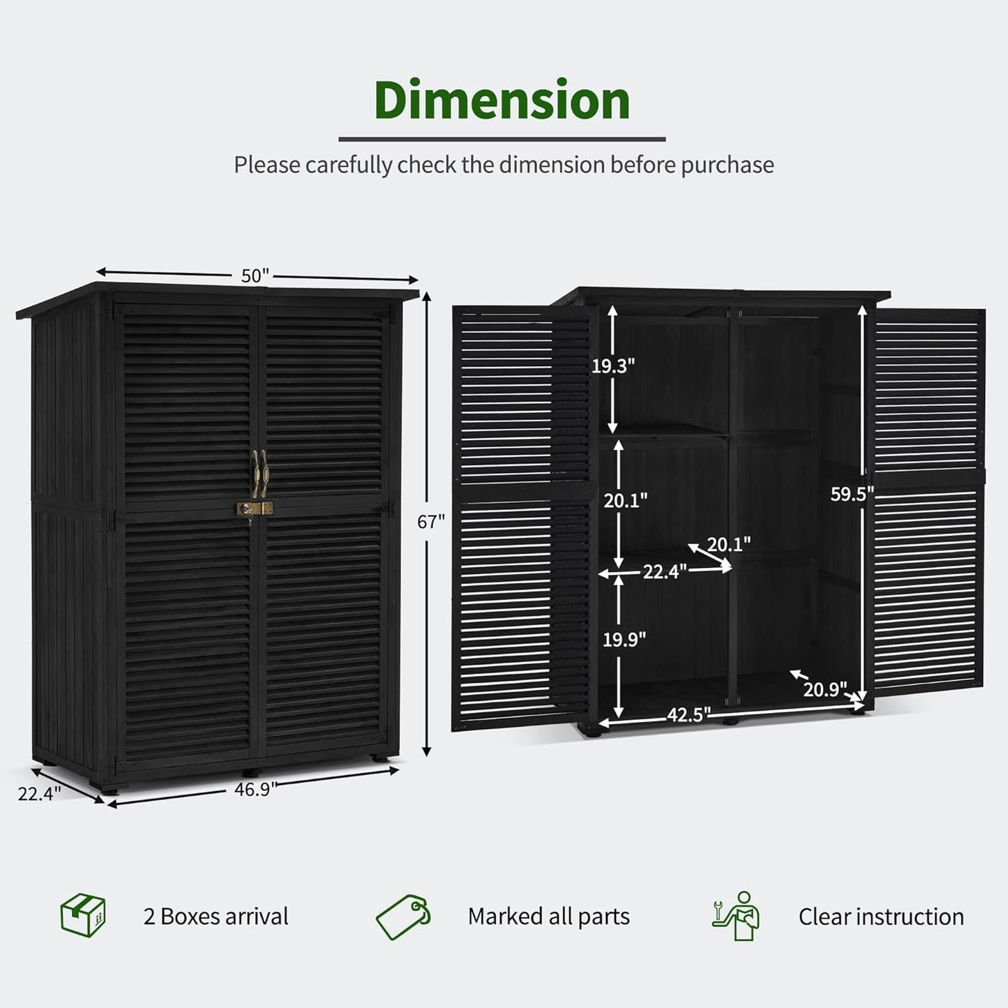 MCombo Outdoor Storage Cabinet, Wooden Storage Shed with Latch, Outside Garden Tool Shed with 2 Doors for Patio Yard Lawn, 1900 (Black, Large)