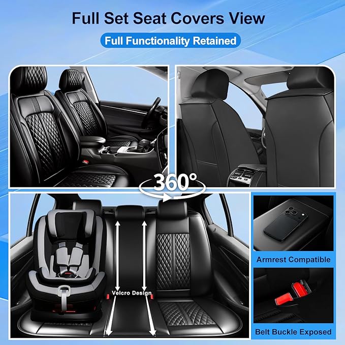 Fit Accord Car Seat Covers for Select Honda Accord 2012-2025 2026 - Premium Full Coverage Leather, Airbag Compatible, Waterproof & All Weather Seat Cushion Protector, Full Set, Black