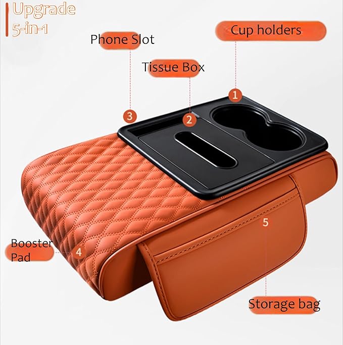 5-in-1 Car Armrest Pad Cushion, Water Ripple Embossed Center Console Booster Pad with Tissue Box, Cup Holder, Storage Bag, Phone Slot, Fit for Most Sedan Vehicles (Water Ripple Series, Orange)