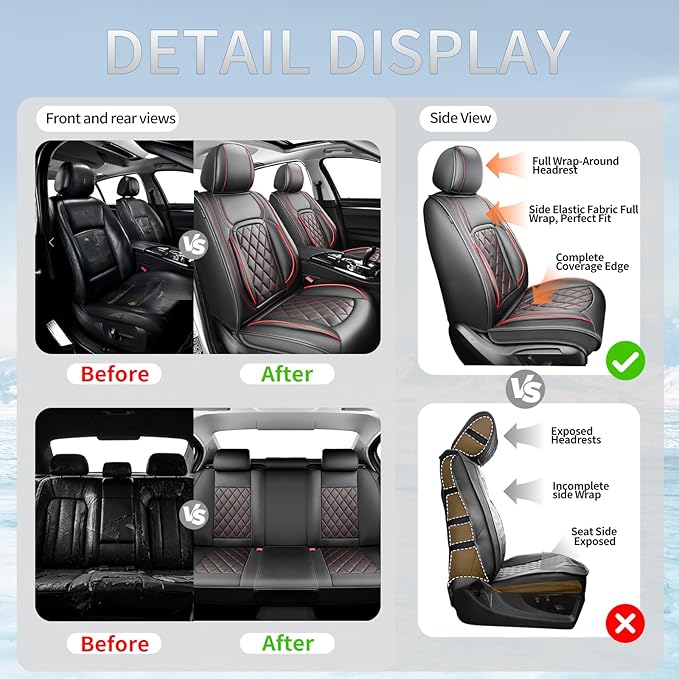 Fit HRV Car Seat Covers Compatible with Honda HRV 2016-2026, Premium Leather Breathable, Wear Resistant, Airbag Compatible, All-Weather Protection & Full Coverage, 2 Front Seat Red Line Black