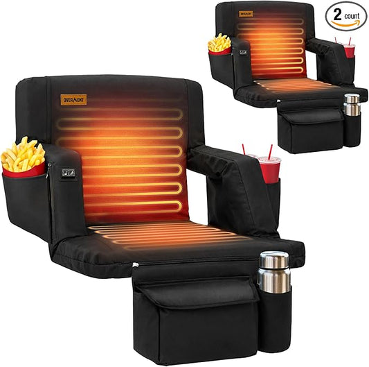 Overmont Heated Stadium Seat with Back Support – 3 Heat Levels, Dual-Zone Independent Control, 6-Position Recliner, Wide Cushion Dual Hooks Multiple Pockets – Bleacher Chair for Sport Camping Concerts