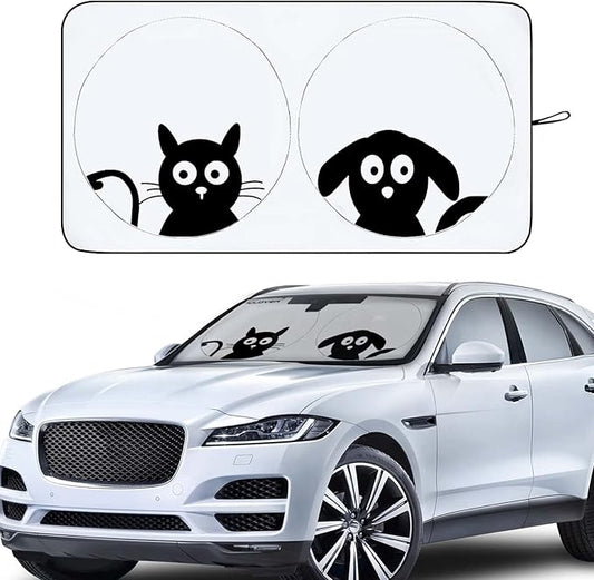 Car Windshield Sunshade with Pet Design, Cute Dog & Cat Cartoon Front Windshield Sun Shade Foldable Sunshade Blocks Heat UV Rays, Protect Interior Keep Cool, Fits Cars SUV Truck - Medium