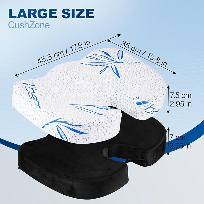 Bamboo Seat Cushion Pillow for Office Chair - Memory Foam Pad for Tailbone, Sciatica, Lower Back Pain Relief, Ergonomic and Non-Slip, Machine Washable Cover (Bamboo, Blue)