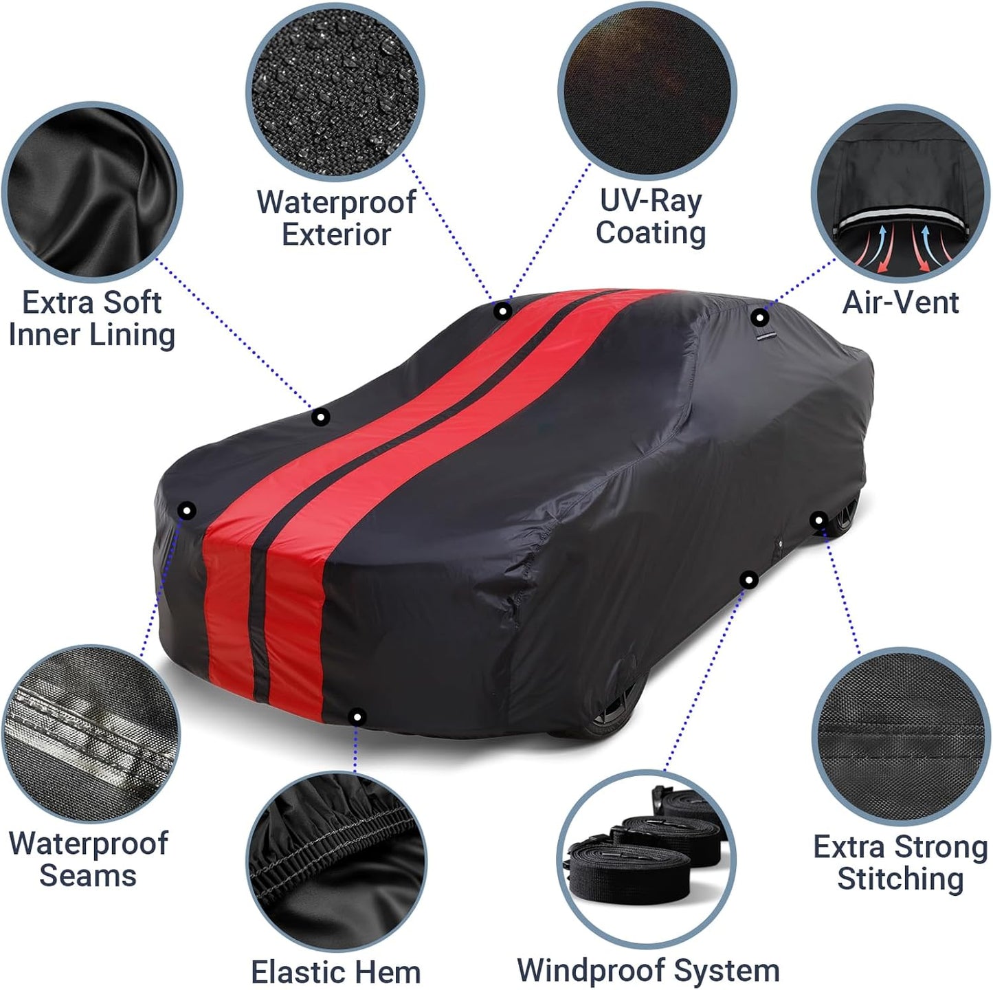 iCarCover Custom Car Cover for Pontiac Parisienne Wagon (1965-1970) Waterproof All-Weather Rain Snow UV Sun Protector Full Exterior Indoor Outdoor Car Cover (Stripe - Black/Red)