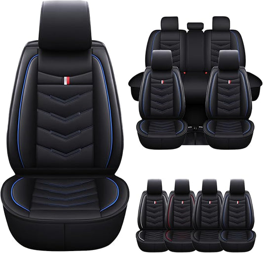 Car Seat Cover for Ford Explorer 2000-2025, Waterproof Durable Compatible Airbag, Premium Leather Seat Protector(5 Seats Standard,Black Blue)