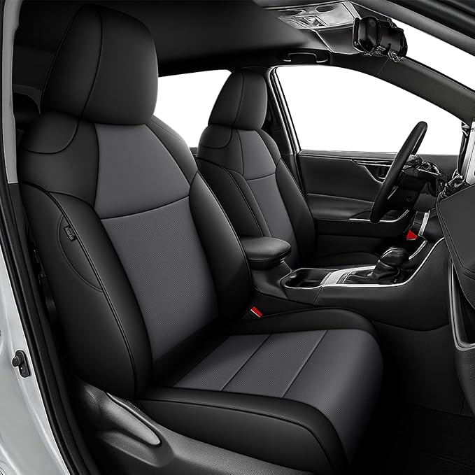 AOMSAZTO Custom Fit Seat Covers for Toyota RAV4 Hybrid 2019 2020 2021 2022 2023 2024 2025 (Not for XSE&2022-2025 SE Hybrid)-Full Set Faux Leather (New Black&Grey)
