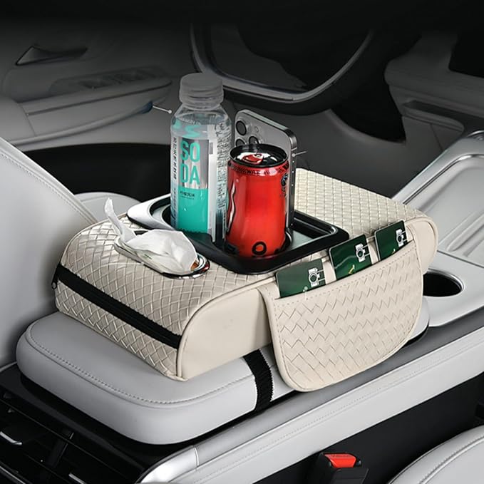 Car Armrest Cushion Cover Car Center Console Memory Foam Booster Pad with Storage Pocket and Tissue Hole for Sedan Vehicle (Cupholder - Black, 13.39 * 7.68 * 2.95'' / 34 * 19.5 * 7.5cm)