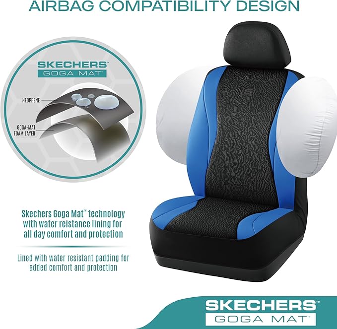Skechers Car Seat Covers,Leather Seat Covers with GOGA Mat Technology,Waterproof Car Seat Covers Full Sets,Airbag Compatible,Comfort Universal Fit for Most Cars,Vans,Trucks,SUVs,Blue