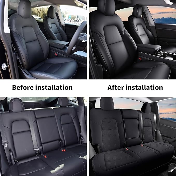 AOMSAZTO Car Seat Cover Fit for Tesla Model Y 2020 2021 2022 Full Set Black Customized Seat Covers, Custom Fit Full Set Faux Leather Black