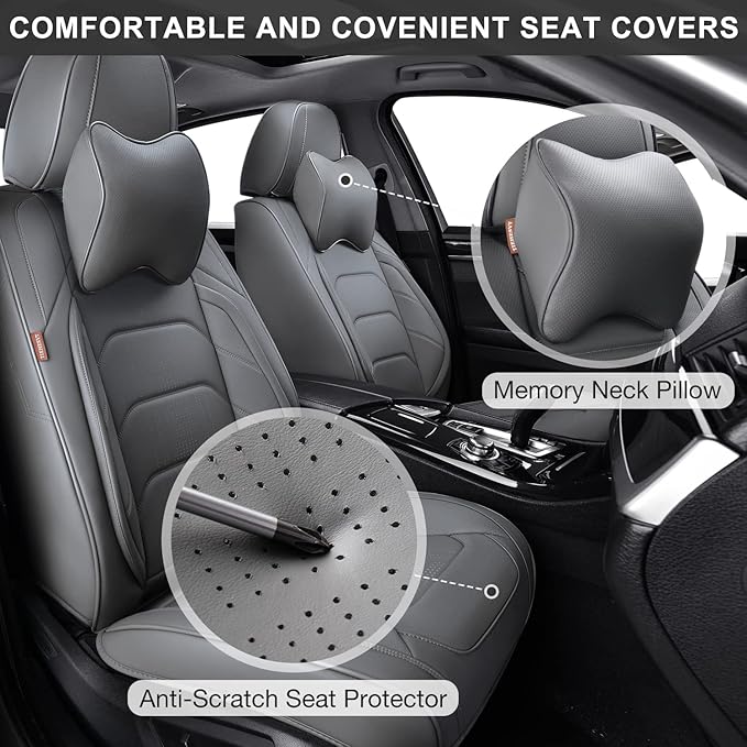 Grey Car Seat Covers Front Pair, Breathable Leather Automotive Front Seat Covers & Headrest for Reduce The Driving Fatigue, Compatible with Most Cars Sedans SUV Pickup Trucks