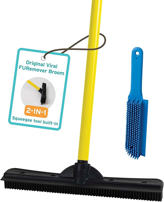 FURemover Original Pet Hair Rubber Broom with Squeegee, with 58” Telescopic Handle for Carpet, Tile and Hardwood and Handheld Lint Brush Combo