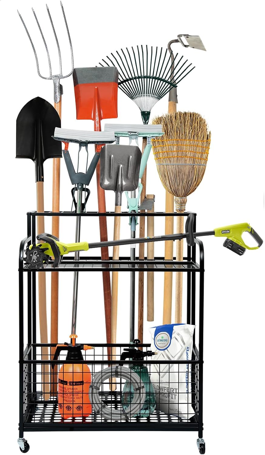 Heavy Duty Garden Tool Storage and Organizer, Yard Tool Organizer with Wheels, Thickened Metal Large Tool Organizers and Storage for Garage, Shed, Outdoor