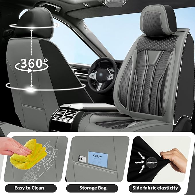 Fit Juke Car Seat Covers Compatible with Nissan Juke 2012-2015 2016 - Full Set Premium Leather， Waterproof Breathable， All-Weather Seat Cushion Protecto&Airbag Compatible （Gray & Black