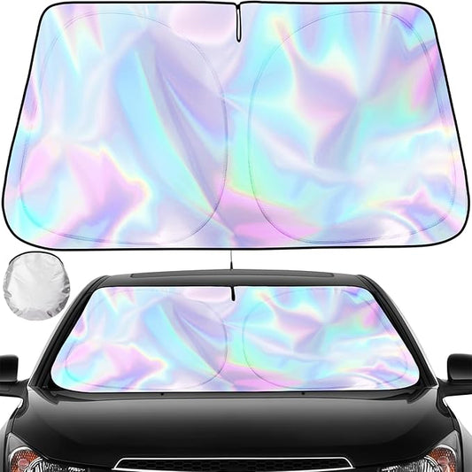 Iridescent Sun Shade for Car Windshield, Foldable Universal Car Windshield Upgrade Sunshade Enhanced UV Rays Reflective Sun Visor Shade Keeps Vehicle Cool