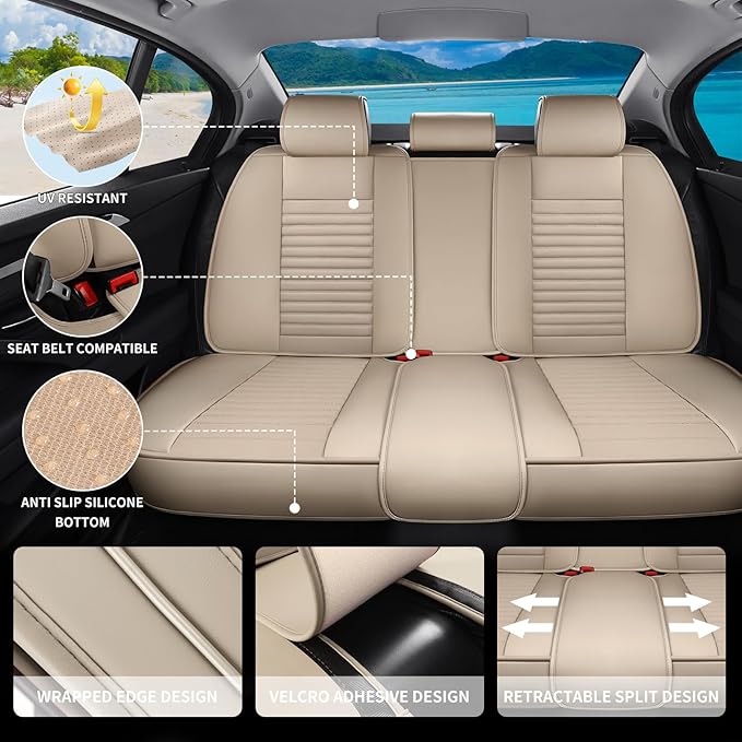 Car Seat Covers Full Set Fit for Toyota RAV4 2001-2026, Premium Faux Leather Car Seat Protector,Breathable Anti-Slip Full Wrapping Edge Seat Covers(Beige,Full Set)