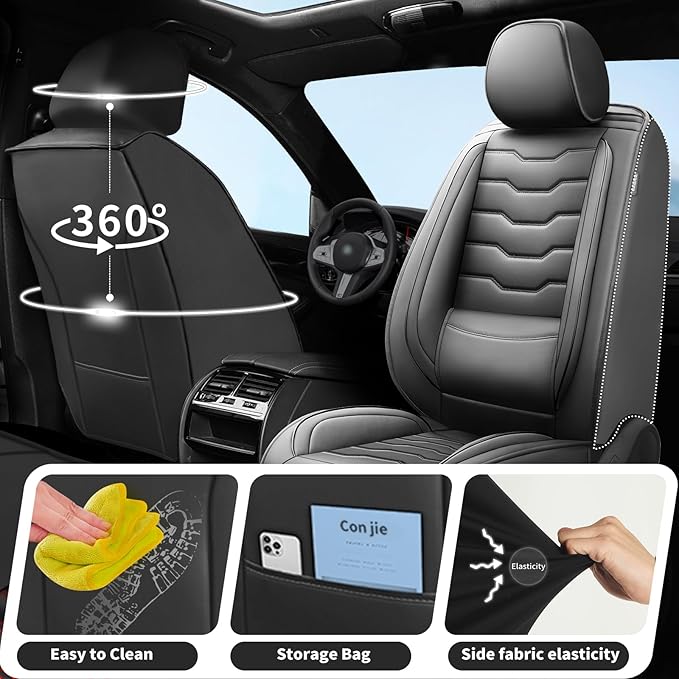 Fit Kona Car Seat Covers for Select Hyundai Kona 2018-2025 2026. Premium Leather, Waterproof， Breathable, Scratch-Resistant & All-Weather Seat Cushion Protector (Front Pair, Black)