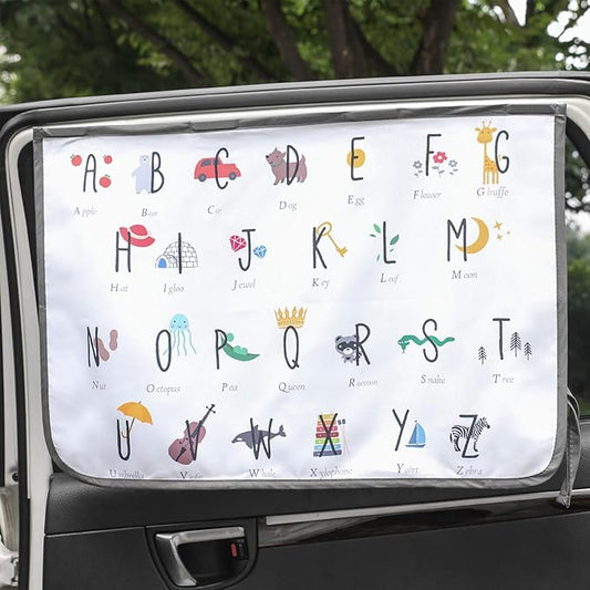 Magnetic Car Sun Shade Curtain for Side Window – Sun Blocker and UV Protector for Baby, Kids, and Pets – Universal Fit with Built-in Magnets for Steel-Framed Door (Be-Kids Alphabet)