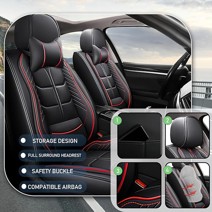Leather Car Seat Covers Fit for Toyota Corolla Hybrid 2020-2024, 5 Seater Car Seat Cover, Premium Waterproof, Scratch Resistant Car Interior Accessories (Full Set with Pillow Black Red)