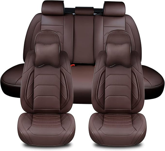 Brown Car Seat Covers Full Set, Breathable Leather Automotive Front and Rear Seat Covers & Headrest for Reduce The Driving Fatigue, Compatible with Most Vehicles, Cars