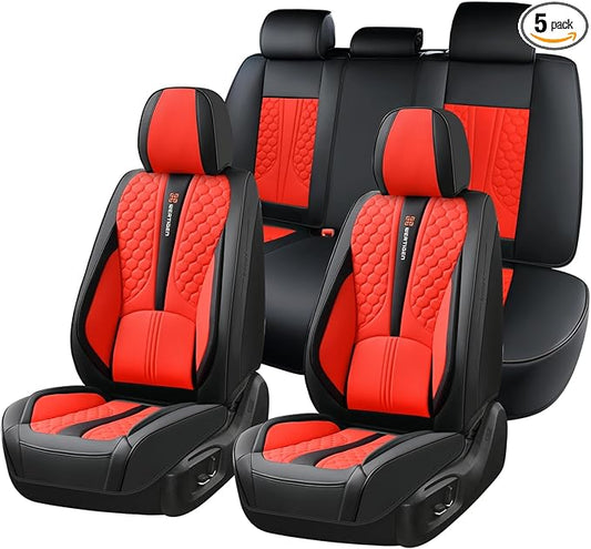 Car Seat Cover Set, Red Automotive Interior Accessories, Universal Fit, with Lumbar Support, Premium Nappa Leather, Waterproof, Non-Slip, Easy Installation, Fits SUVs, Pickups, Sedans