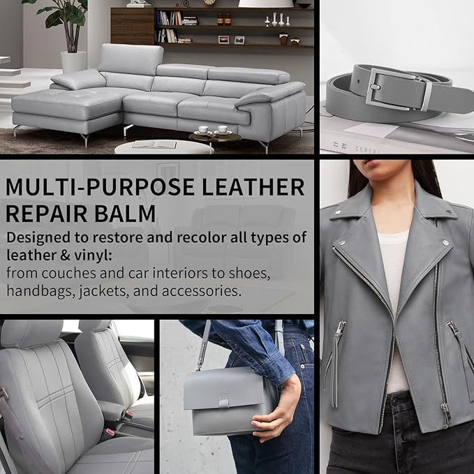 Leather Recoloring Balm and Leather Repair Kit for Furniture, Gray Leather Dye for Couches, Car Seats, Leather Paint & Stain for Sofa, Chairs, Bags, and More
