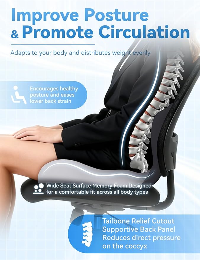 Orthopedic Cushion, Ergonomic Orthopedic Cushion for Tailbone Pain Relief, with Memory Foam, Car Seat Cushion with Waist Support, Non-Slip, Breathable, Washable Cover (Gray)