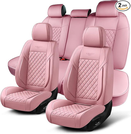Auto Car Seat Covers Full Set Leather Cushion Protector Breathable Waterproof Seat Cover for Cars Universal Fit (Pink, Full Set Without Headrest)