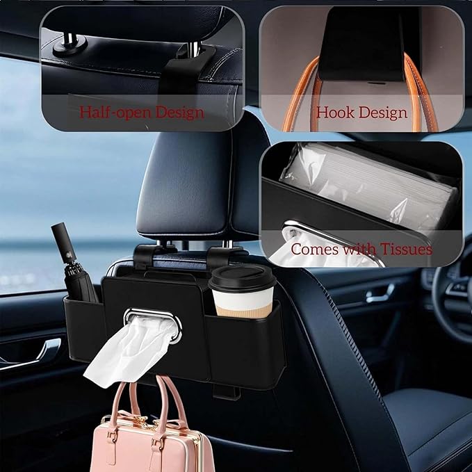 3-in-1 Car Backseat Organizer, 2026 Upgraded Multifunctional Car Seat Back Storage Box, Backseat Car Organizer with 2 Cup Holders, Tissue Box & Hooks, Universal Car Essentials (Orange)