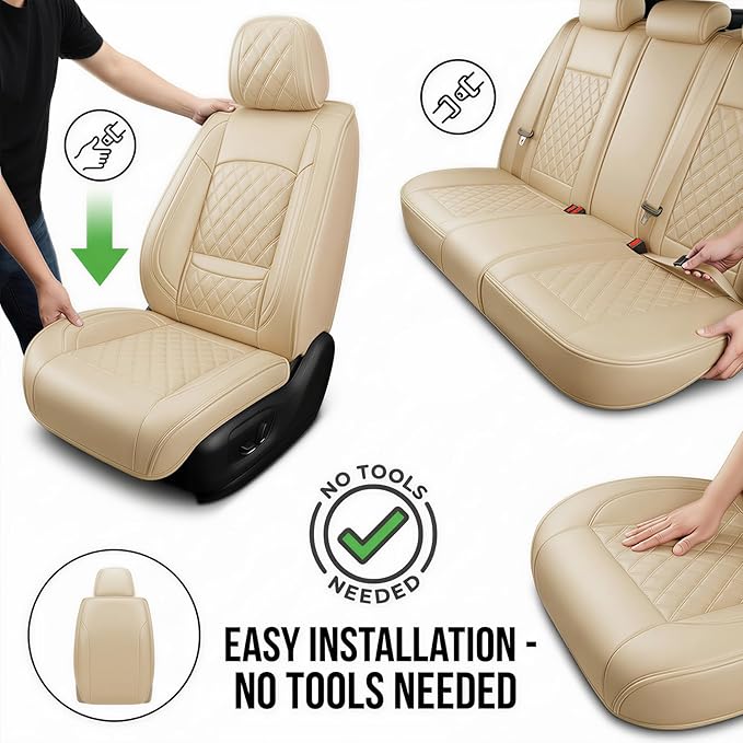 Fit Integra Car Seat Covers for Acura Integra 2023-2026 - Premium Leather, Waterproof, All-Weather, Airbag Compatible, Anti-Slip, Breathable, Easy Install, Seat Protectors, Full Set, Beige