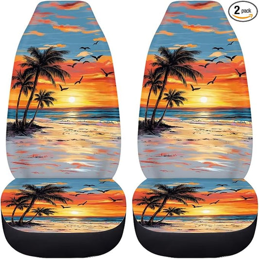 BIGCARJOB Hawaii Dusk Palm Car Seat Covers, Polyester, Universal Fit, Car, SUV, 2 Count, Front, Basic Protection, Customizable, Unique Printed