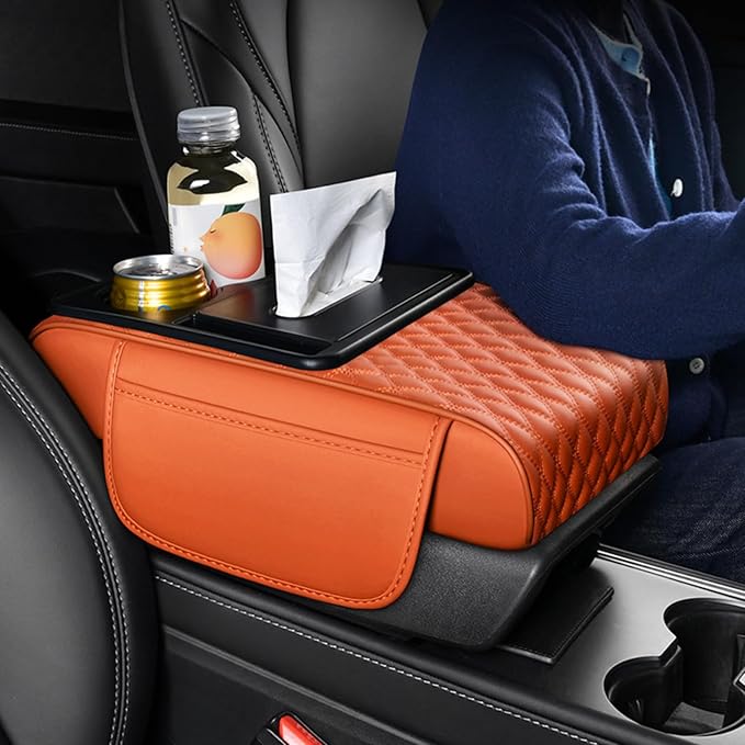 5-in-1 Car Armrest Pad Cushion, Water Ripple Embossed Center Console Booster Pad with Tissue Box, Cup Holder, Storage Bag, Phone Slot, Fit for Most Sedan Vehicles (Water Ripple Series, Coffee)