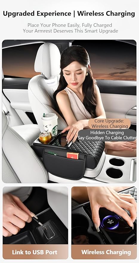 Car Armrest Pad with Built-in Induction Charging, Leather Center Console Cushion with 15W Power Pad, Dual Cup Holders, Storage Pockets - Coffee